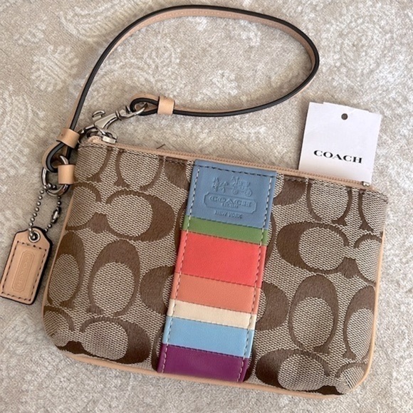 Brand New Coach Khaki Zippered Wristlet w/ Multicolored Leather Stripes - Picture 1 of 14
